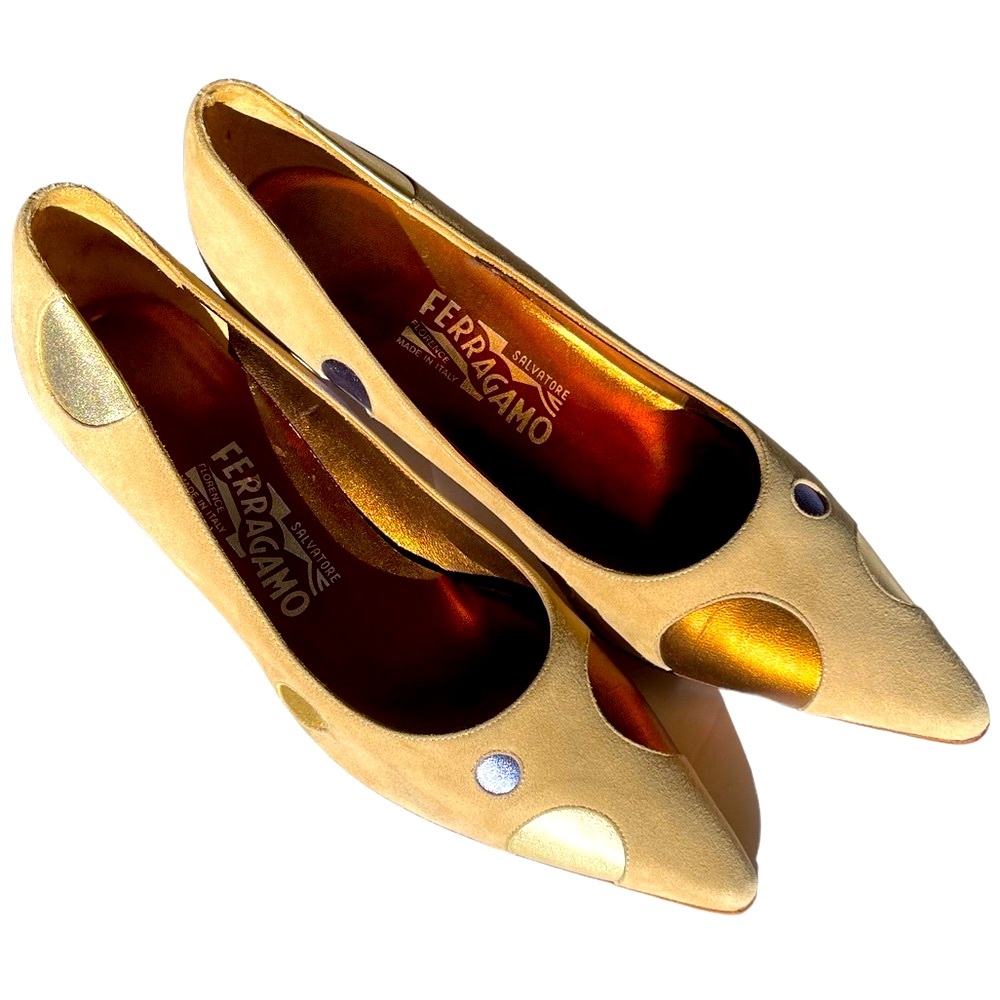 Ferragamo metallic spheres of blue, gold and silver.  Pointy toe beige suede.